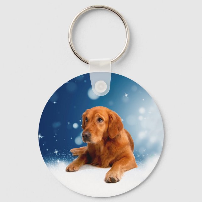 Cute Golden Retriever Dog Sitting in Snow Stars Key Ring (Front)