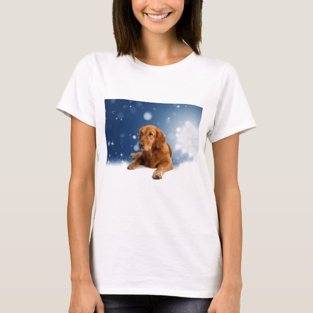 Cute Golden Retriever Dog Sitting in Snow Stars T-Shirt (Front)