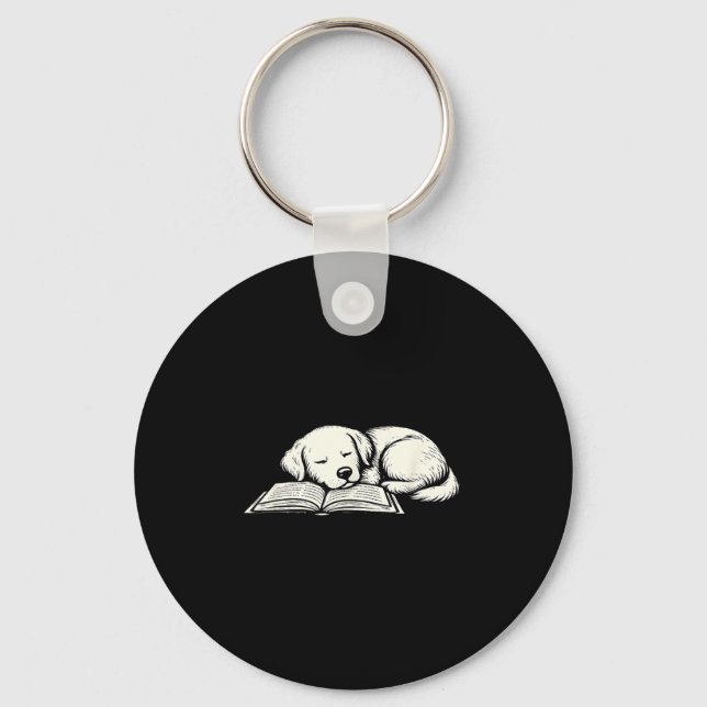Cute golden retriever dog sleeping on book reader key ring (Front)