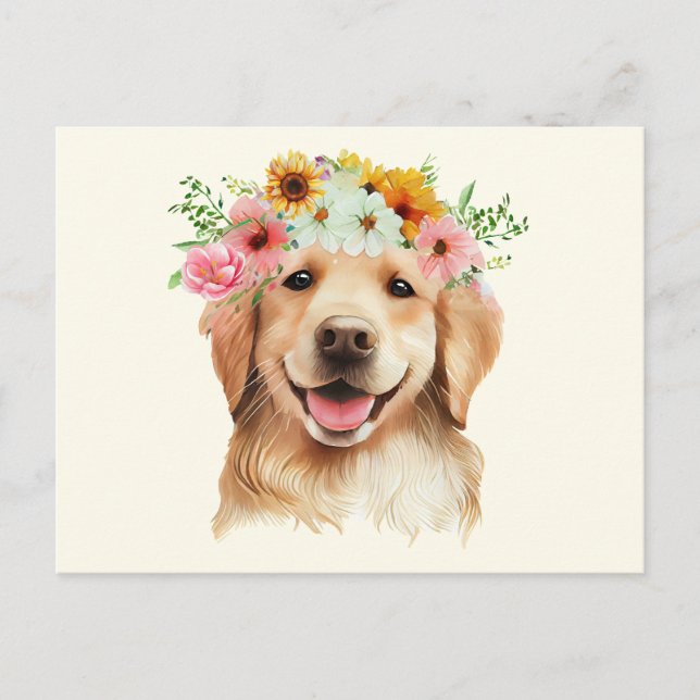 Cute Golden Retriever Dog with Flowers  Postcard (Front)