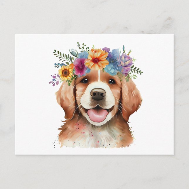 Cute Golden Retriever Dog with Flowers Postcard (Front)