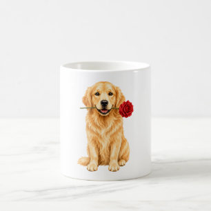 Cute golden retriever dog with red rose mugs