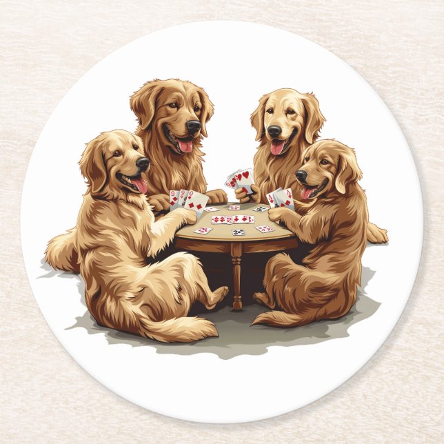 Cute Golden Retriever Dogs Playing Cards Round Paper Coaster (Front)