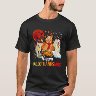 Cute Golden Retriever Happy Hallothanksmas Hallowe T-Shirt