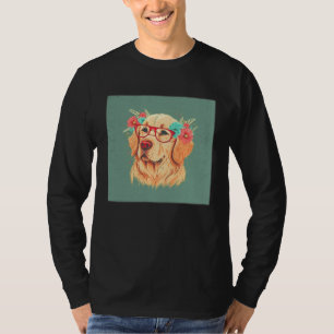 Cute Golden Retriever Illustration Floral Glasses  T-Shirt