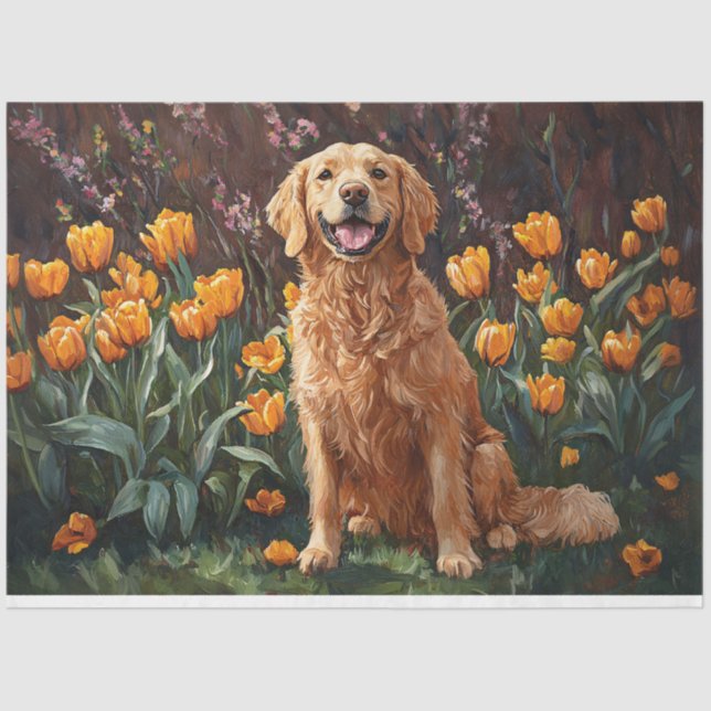 Cute Golden Retriever in a Tulip Garden Decoupage Tissue Paper (Front)