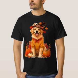 Cute Golden Retriever in Halloween Witch Hat and F T-Shirt