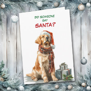 Cute Golden Retriever Looks for Santa Holiday Card