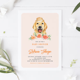 Cute Golden Retriever Peach Floral Baby Shower Invitation