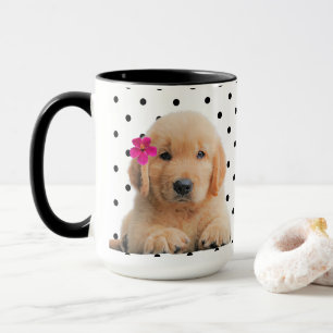 Cute Golden Retriever Personalised Pink Flower Mug