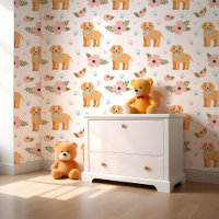 Cute Golden Retriever Puppies & Floral Pattern
