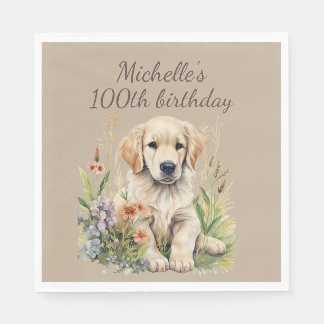 Cute Golden Retriever Puppy 100th Birthday Napkin (Front)