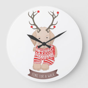 Cute Golden Retriever Puppy Christmas Antlers Large Clock