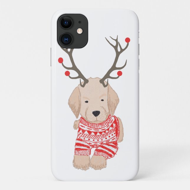 Cute Golden Retriever Puppy Christmas Reindeer Case-Mate iPhone Case (Back)