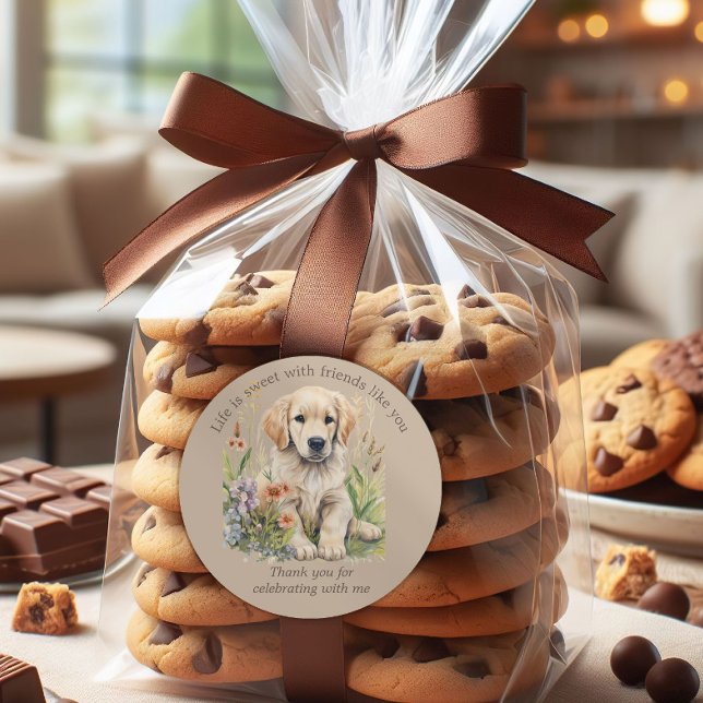 Cute Golden Retriever Puppy Cookie Candy  Classic Round Sticker ("Life is sweet with friends like you" birthday treat bag stickers.)