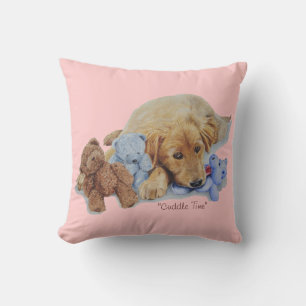 cute golden retriever puppy cuddling teddy bears cushion