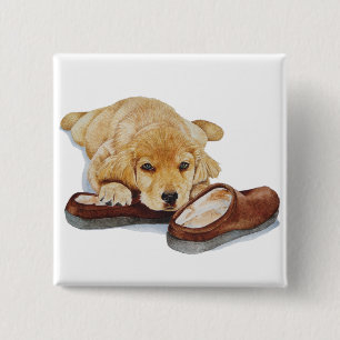 cute golden retriever puppy dog portrait art 15 cm square badge