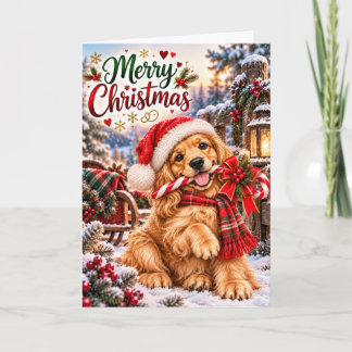 Cute Golden Retriever Puppy Merry Christmas Card