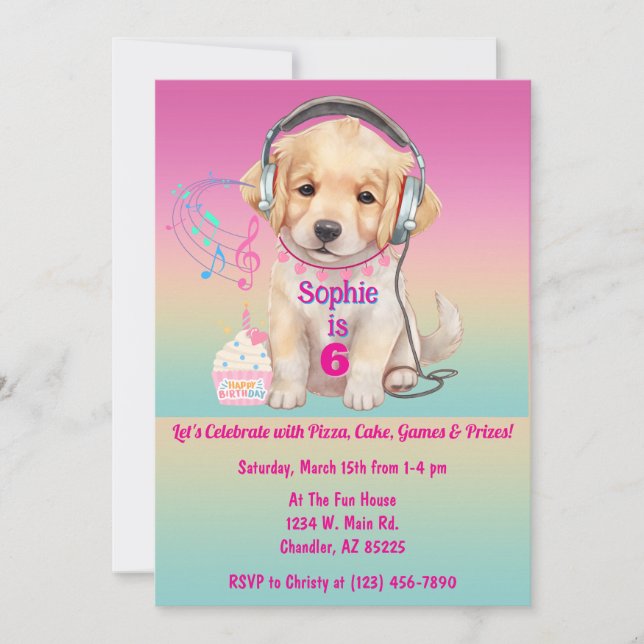 Cute Golden Retriever Puppy Personalised Birthday Invitation (Front)