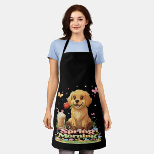 Cute Golden Retriever Puppy Spring Morning Apron