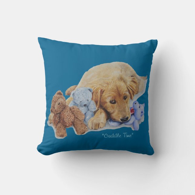 Cute golden retriever puppy with teddy bears art cushion (Front)