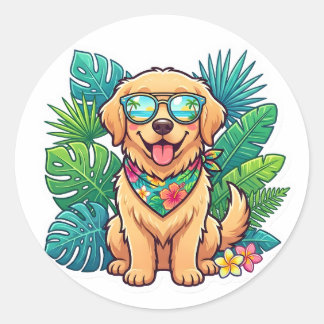 Cute Golden Retriever Sunglasses Summer Tropical Classic Round Sticker