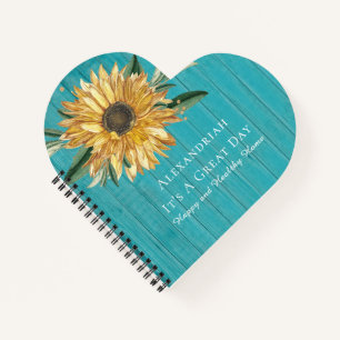 Cute Golden Sunflower Teal Blue Wood Heart Shape Notebook