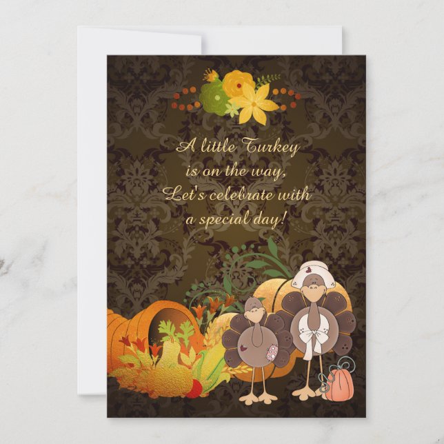 Cute Golden Thanksgiving Girl Turkey Baby Shower Invitation (Front)