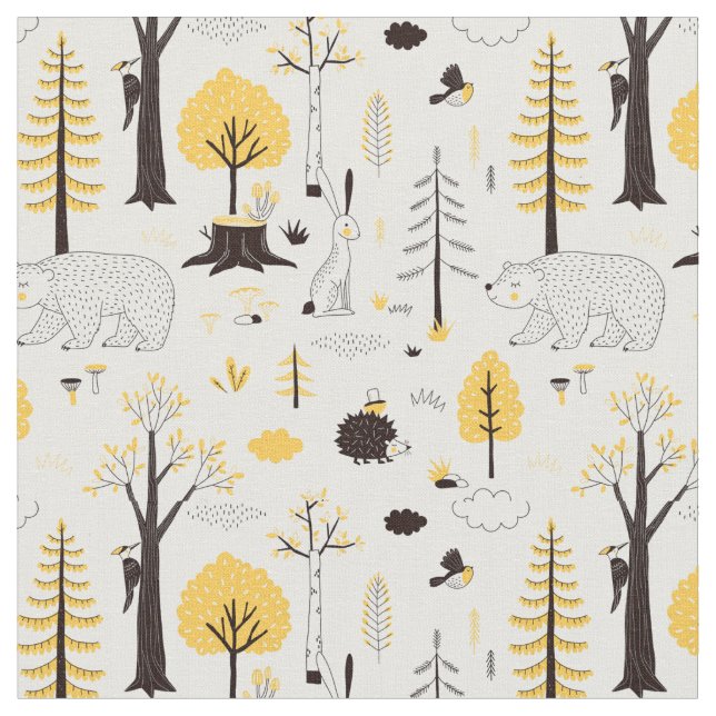 Cute Golden Woods Scene Pattern Fabric (Close Up)