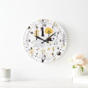 Cute Golden Woods Scene Pattern Large Clock