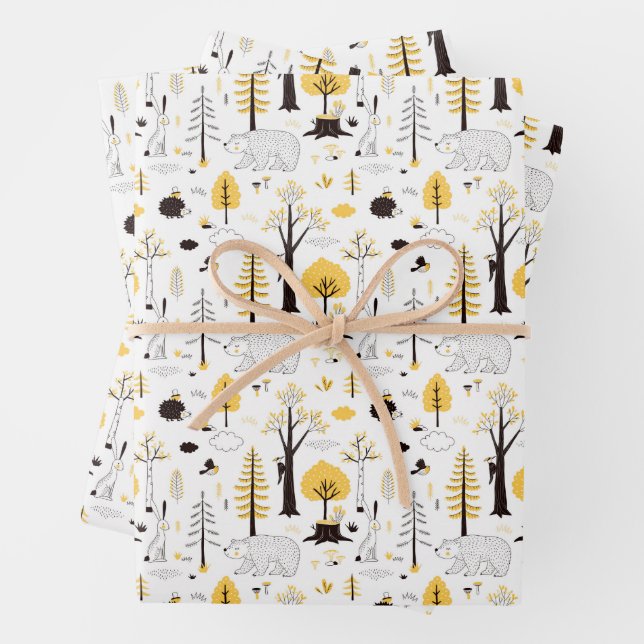 Cute Golden Woods Scene Pattern Wrapping Paper Sheet (In situ)