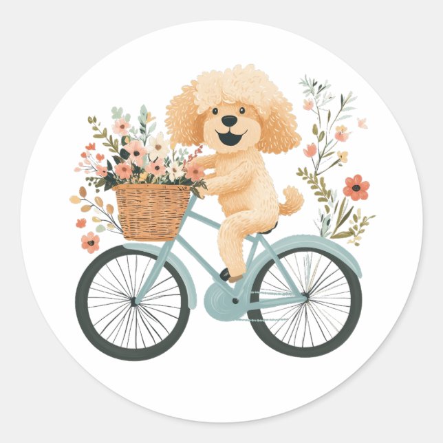Cute Goldendoodle Dog Biking Spring Flowers Classic Round Sticker (Front)