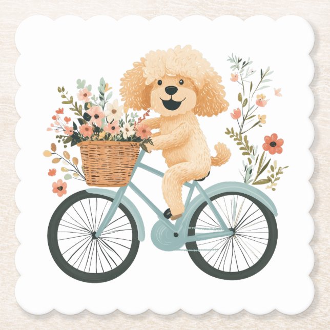 Cute Goldendoodle Dog Biking Spring Flowers Paper Coaster (Front)
