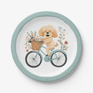 Cute Goldendoodle Dog Biking Spring Flowers Paper Plate