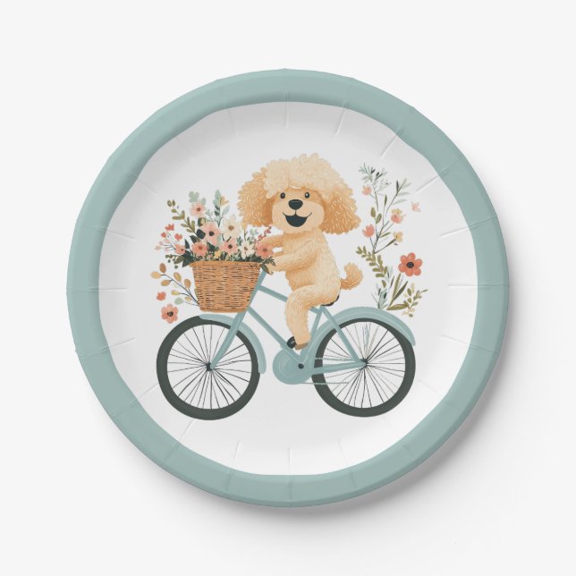 Cute Goldendoodle Dog Biking Spring Flowers Paper Plate (Front)