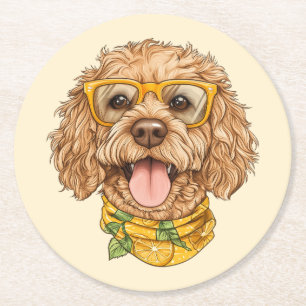 Cute Goldendoodle Dog Sunglasses Oranges Round Paper Coaster