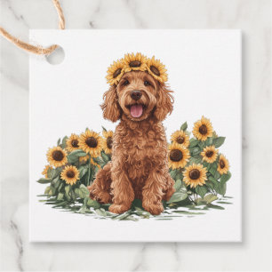 Cute Goldendoodle Dog Wearing A Sunflower Crown Favour Tags