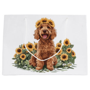 Cute Goldendoodle Dog Wearing A Sunflower Crown Large Gift Bag