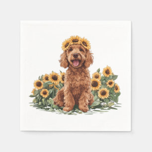 Cute Goldendoodle Dog Wearing A Sunflower Crown Napkin
