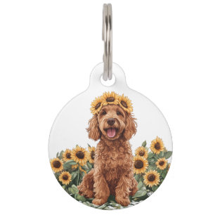 Cute Goldendoodle Dog Wearing A Sunflower Crown Pet Tag