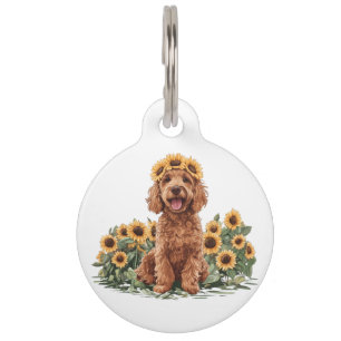 Cute Goldendoodle Dog Wearing A Sunflower Crown Pet Tag