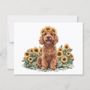 Cute Goldendoodle Dog Wearing A Sunflower Crown Postcard
