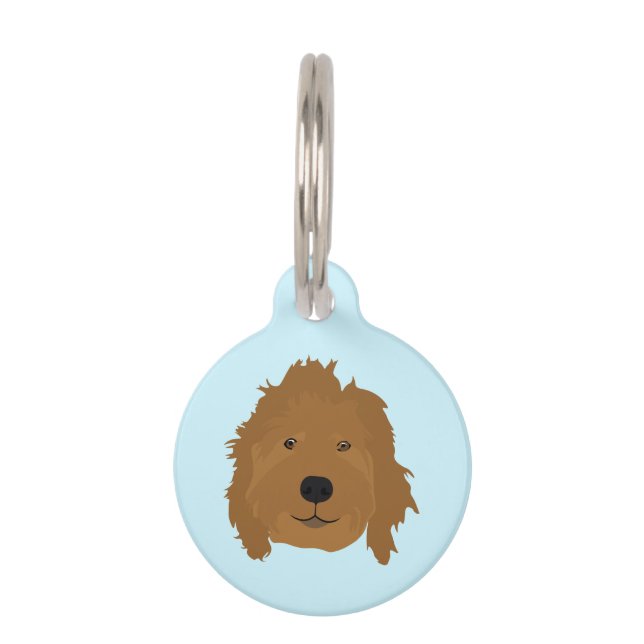 Cute Goldendoodle Face Blue Pet Tag (Front)