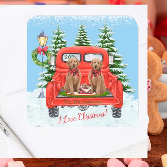 Cute Goldendoodle Puppies Vintage Red Truck  Square Sticker (Creator Uploaded)