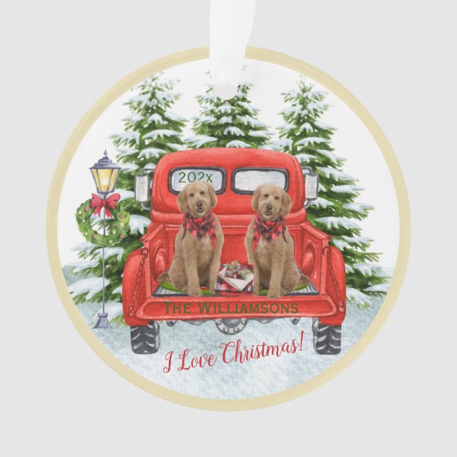 Cute Goldendoodles Vintage Red Truck Ornament (Front)