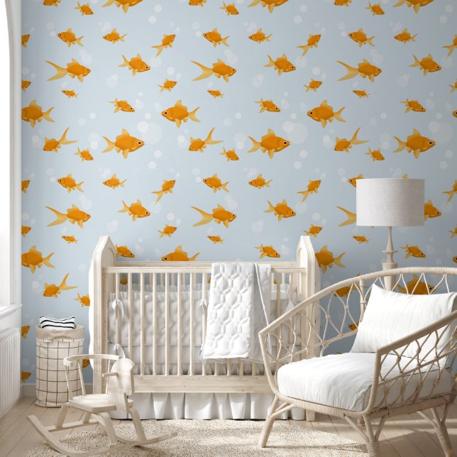 Cute Goldfish Swimming in Water Gender Neutral Wallpaper (Kids)