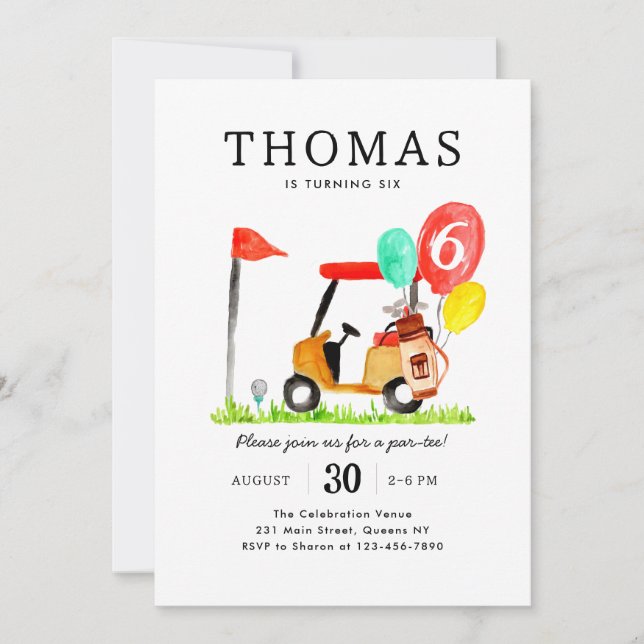 Cute Golf Cart Bag Balloon Kids Par-tee Birthday Invitation (Front)