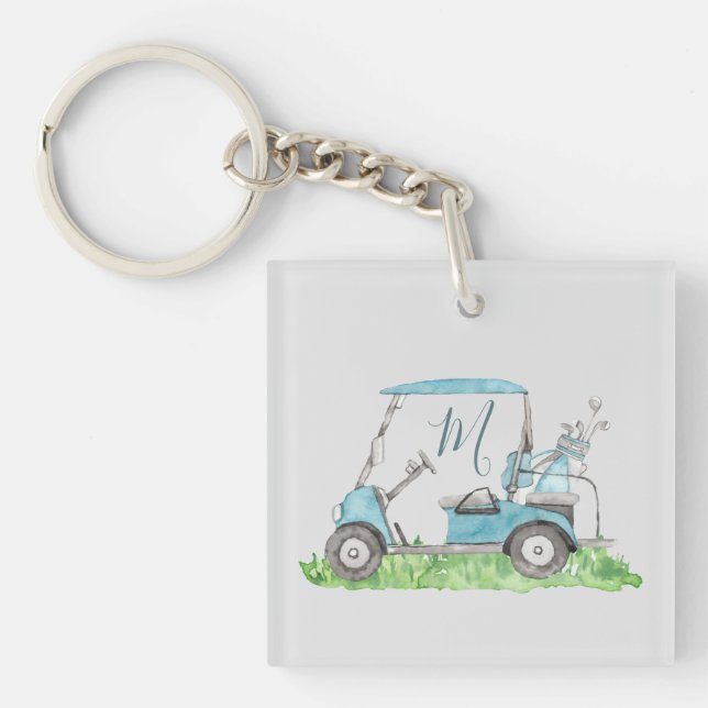 Cute Golf Cart Blue Watercolor Monogram Key Ring (Front)