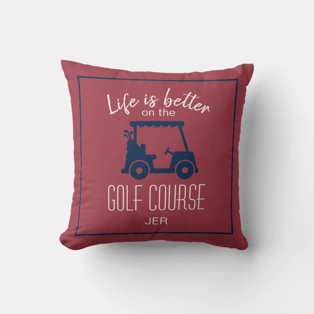 Cute Golf Cart Golfer Golf Course Quote Red Blue Cushion (Front)