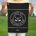 Cute Golfer Humour Golf Iron Sports Equipment Blac Golf Towel<br><div class="desc">Funny custom design features crossed golf irons with golf ball bordered with curved text "I NEED MY DAILY DOSE OF IRON!" in a fun modern white font accented with two white circular borders and two white stripes. You will also find a simple-to-use template for a monogrammed name, initials, or custom...</div>
